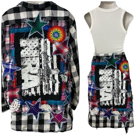 Upcycled Flannel Shirt Shacket Womens 3X NRA Patriot Grunge Patchwork Folk Art - Picture 2 of 16